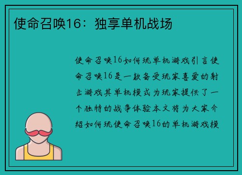 使命召唤16：独享单机战场